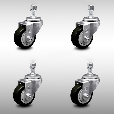 Service Caster 3 Inch SS Black Polyurethane Wheel Swivel 3/8 Inch Threaded Stem Caster Set SCC SCC-SSTS20S314-PPUB-BLK-381615-4